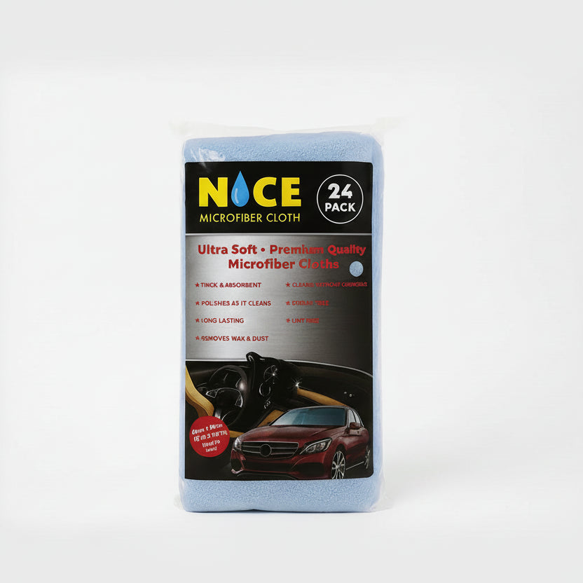 Pack of NICE microfiber cloths with a car cleaning illustration on a white background