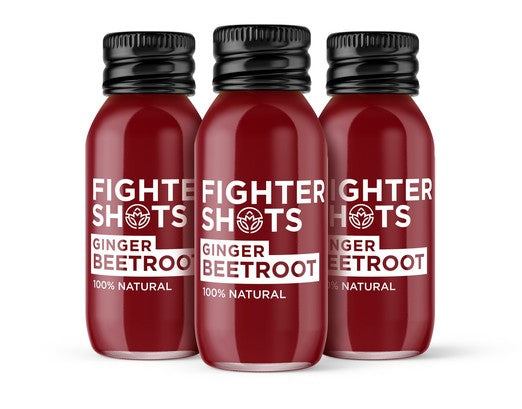 Fighter Ginger Beetroot Shot – 12 × 60 ml plant-based wellness shots with spicy ginger and beetroot; ideal for wholesale to juice bars, cafés, and fitness retailers