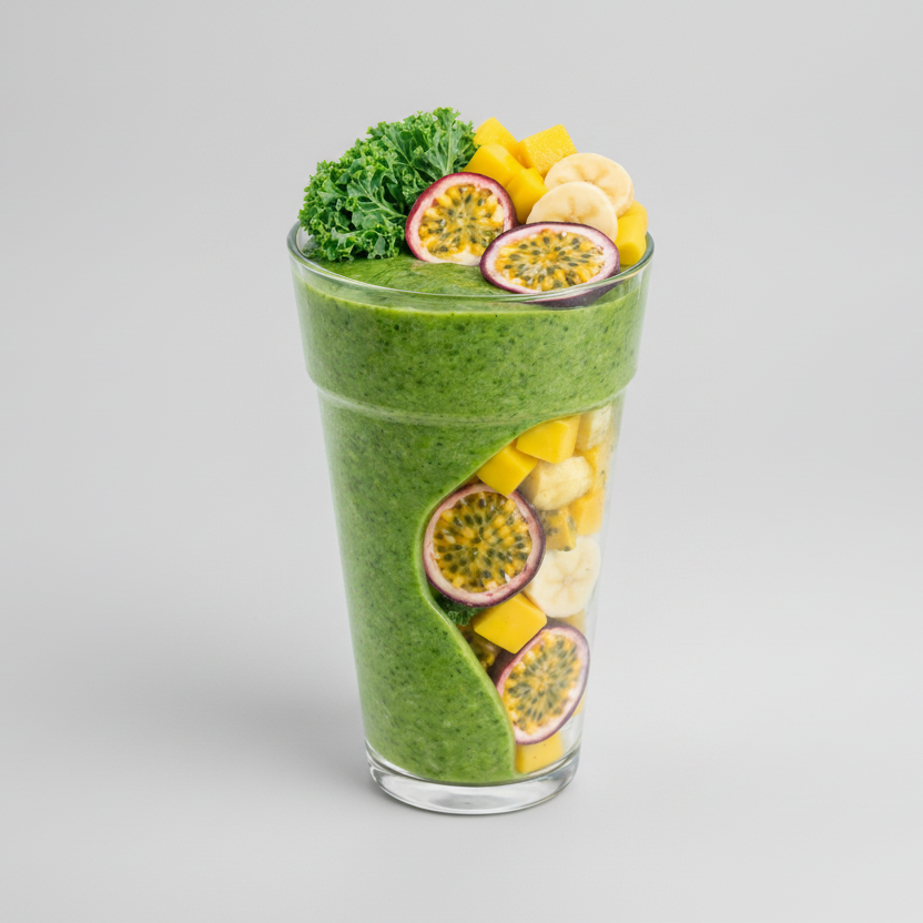 Green smoothie in a glass with fruit and vegetables on a white background