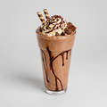 Chocolate milkshake with whipped cream, chocolate drizzle, and striped straws on a white background