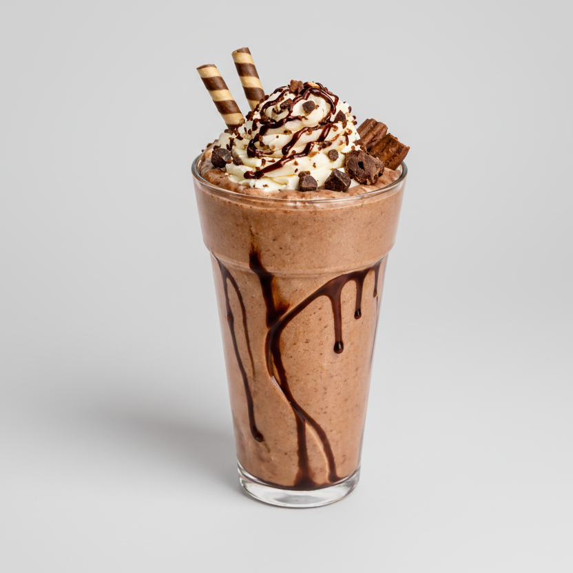 Chocolate milkshake with whipped cream, chocolate drizzle, and striped straws on a white background