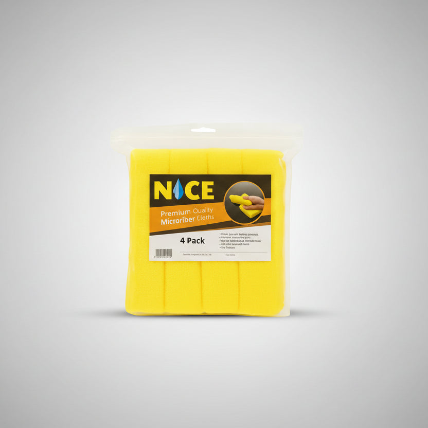 Yellow package of NICE microfiber cloths with a label indicating a 4-pack on a white background.