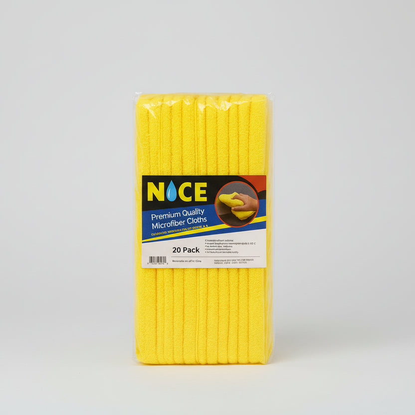 Pack of yellow microfiber cloths with 'NICE' branding on a white background