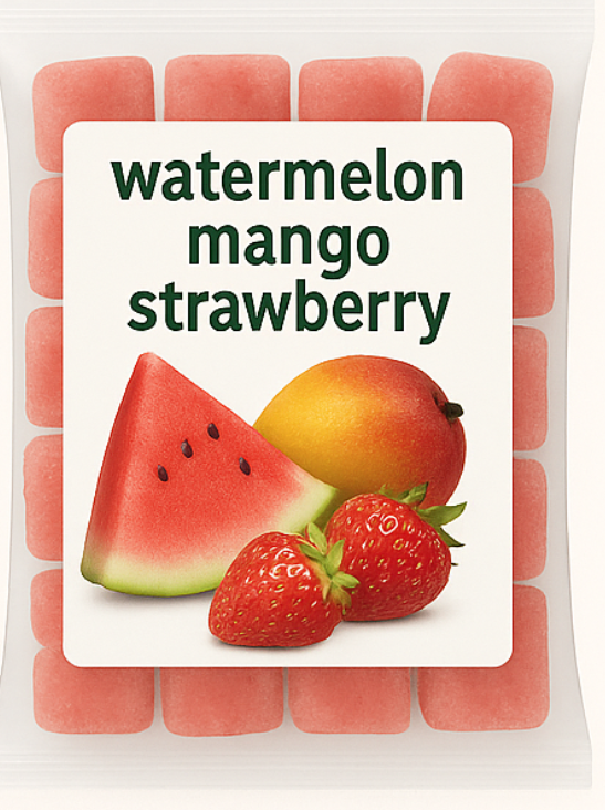 Glass of watermelon mango strawberry smoothie with a pack of frozen fruit on a white background