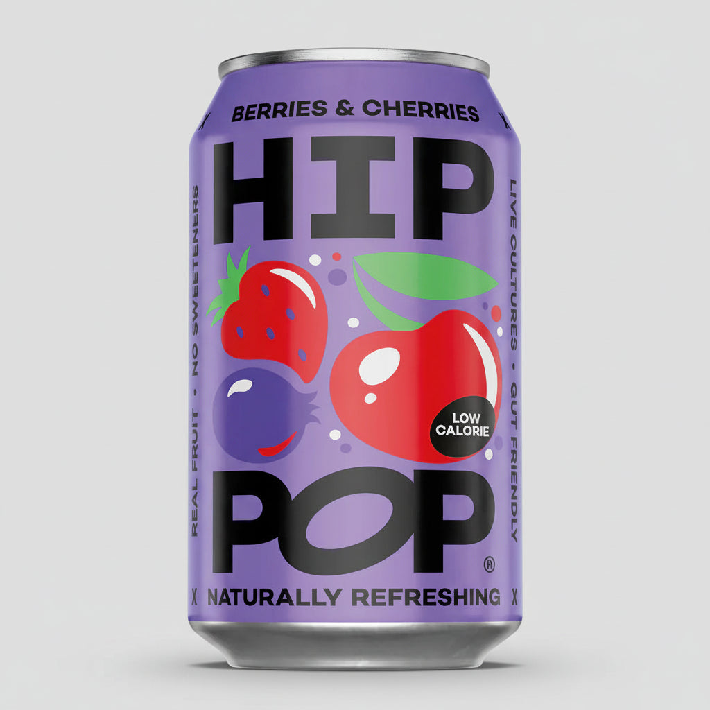 Purple can of HIP POP berries and cherries on a red background