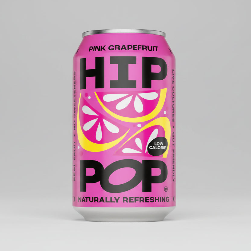 Pink Grapefruit HIP POP can on a yellow background