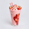 Strawberry milkshake with whipped cream, strawberries, and straws on a white background