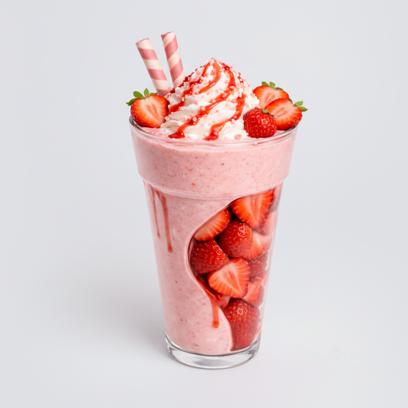 Strawberry milkshake with whipped cream, strawberries, and straws on a white background