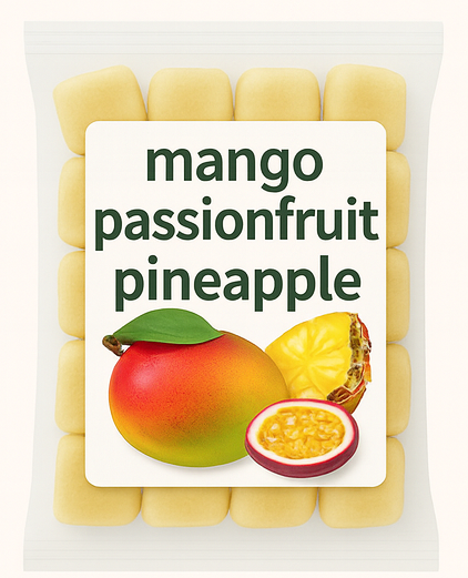 Tropical twist smoothie pack with a glass of smoothie and a package of frozen fruit on a white background.