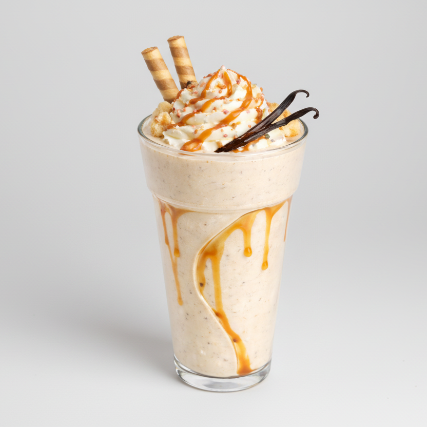 Glass of creamy dessert with whipped cream, caramel drizzle, and vanilla beans on a white background