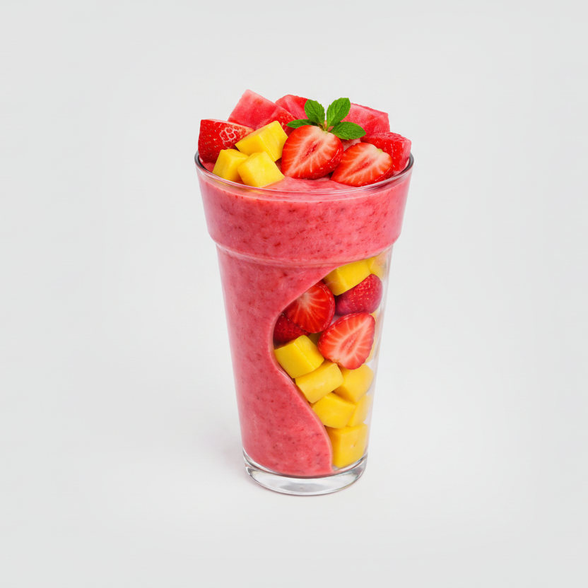 Pink smoothie in a glass with strawberries, pineapple, and watermelon on a white background