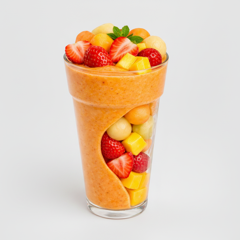 Fruit smoothie with strawberries, mangoes, and melon in a glass on a white background
