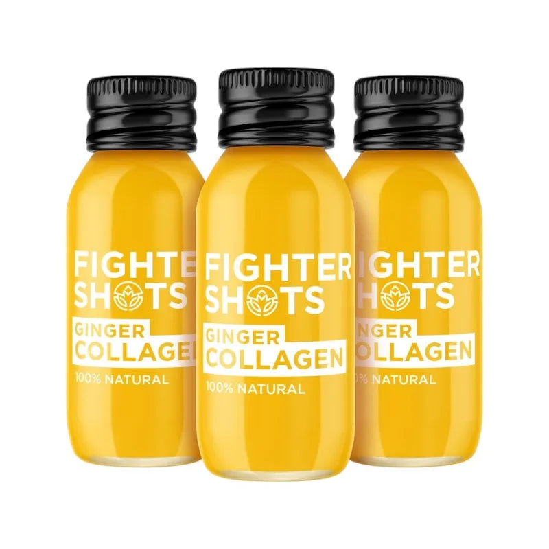 Fighter Ginger Collagen Shot – 12 × 60 ml potent immune-boosting shots blending spicy ginger with collagen peptides, crafted for wellness-focused cafés, juice bars, fitness studios, and retailers