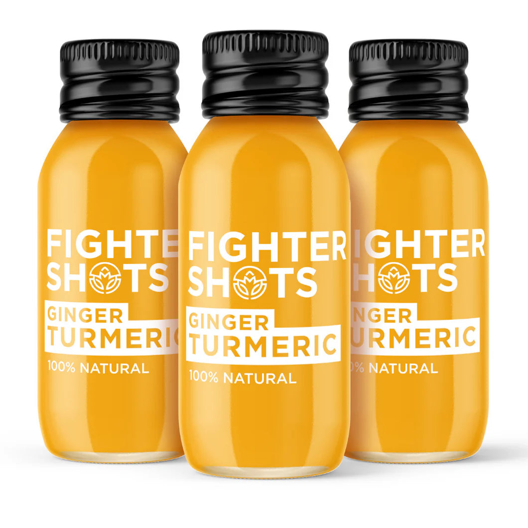Fighter Ginger Turmeric Shot – 12 × 60 ml functional wellness shots with ginger and turmeric; ideal for immune support in cafés, juice bars, and fitness retail