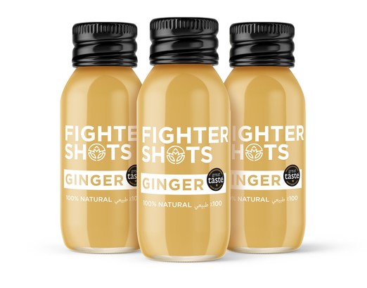 Fighter Ginger Shot – 12 × 60 ml wellness shots with bold ginger root, made for immune support and energy; perfect for juice bars, cafés, and fitness retailers