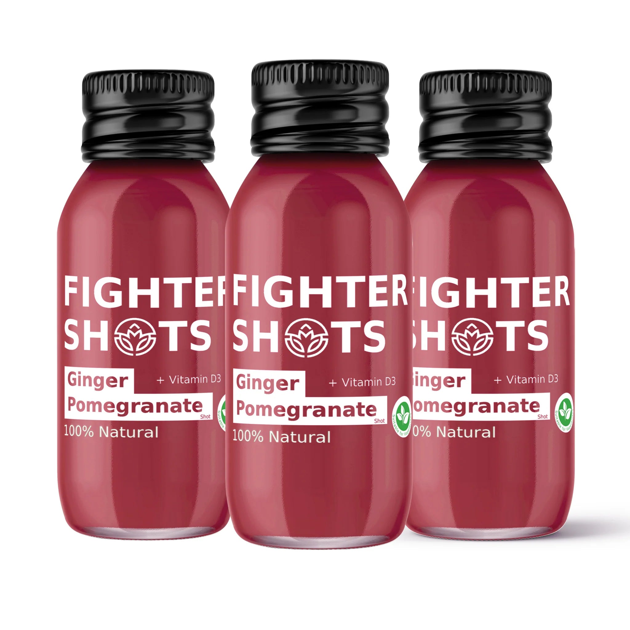 Fighter Ginger Pomegranate Shot – pack of 12 × 60 ml concentrated wellness shots combining spicy ginger with antioxidant-rich pomegranate extract; perfect for immune support and energy, ideal for wholesale supply to cafés, juice bars, fitness studios, and retailers