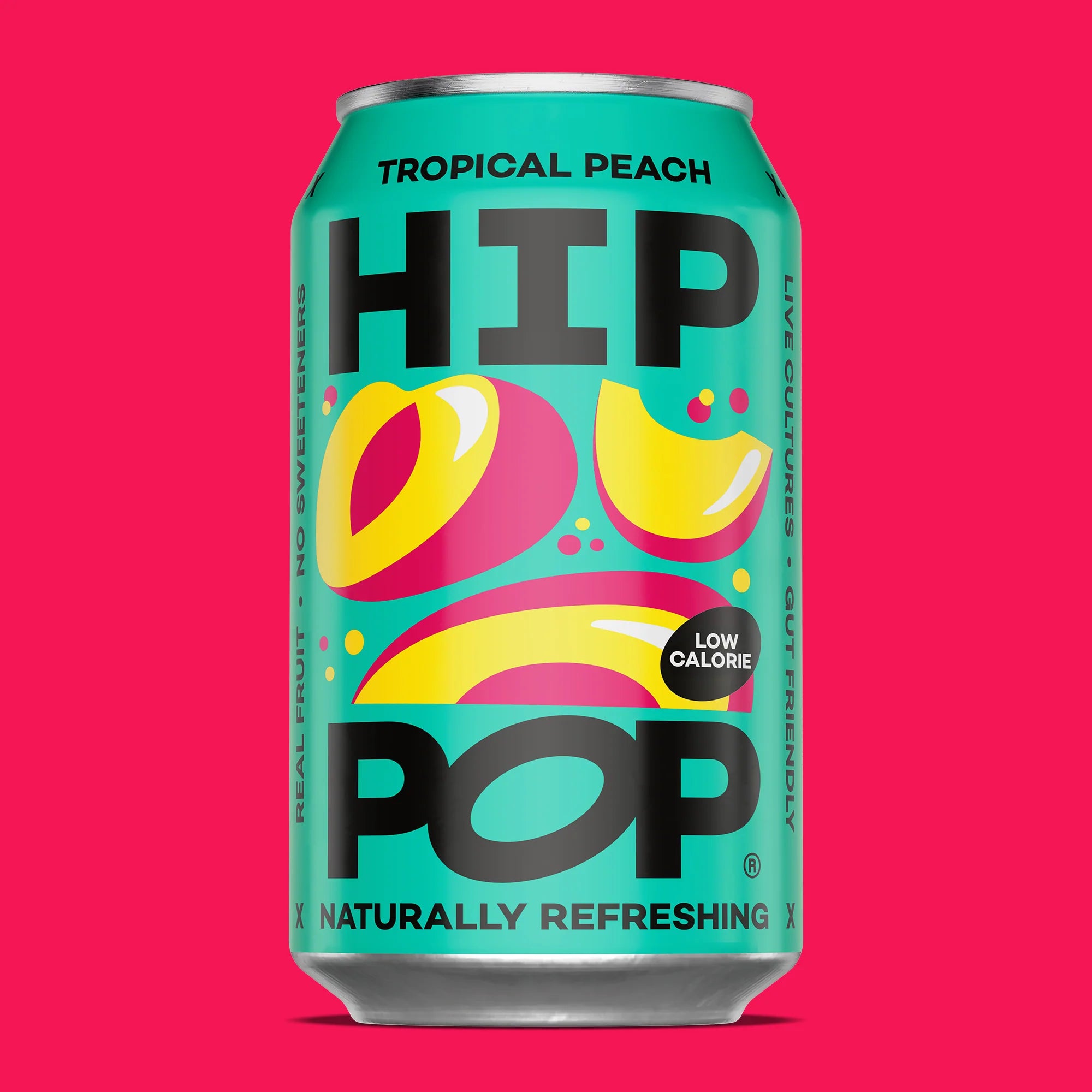 Hip Pop Tropical Peach Soda – pack of 12 × 330 ml lightly sparkling soft drinks with tropical peach flavour and gut-friendly live cultures; ideal wholesale beverage for cafés, delis, health shops, and retailers
